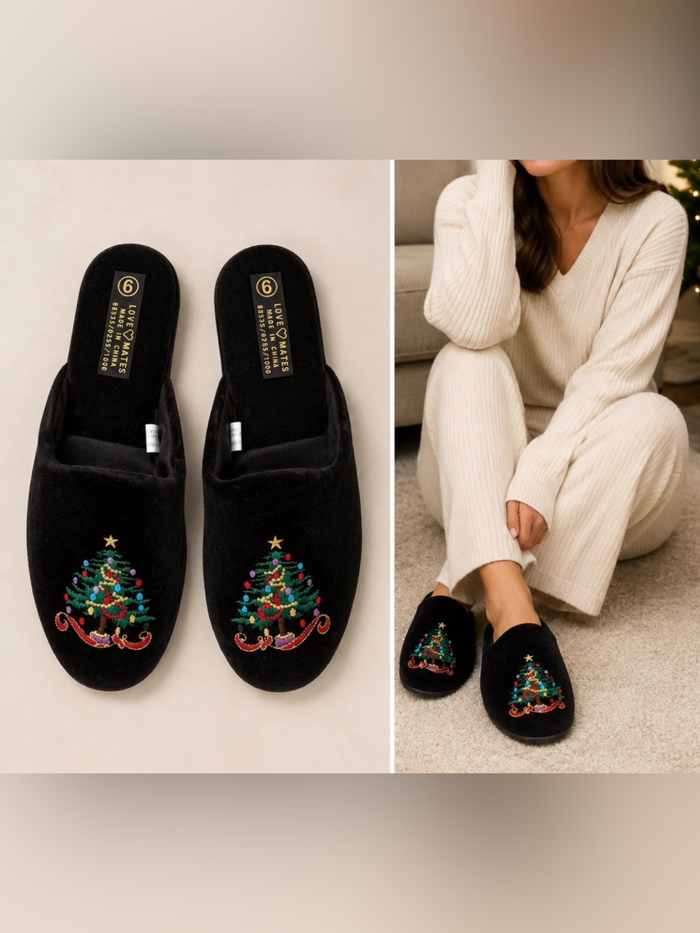 Black Christmas Tree Embroidered Holiday Slippers size 6